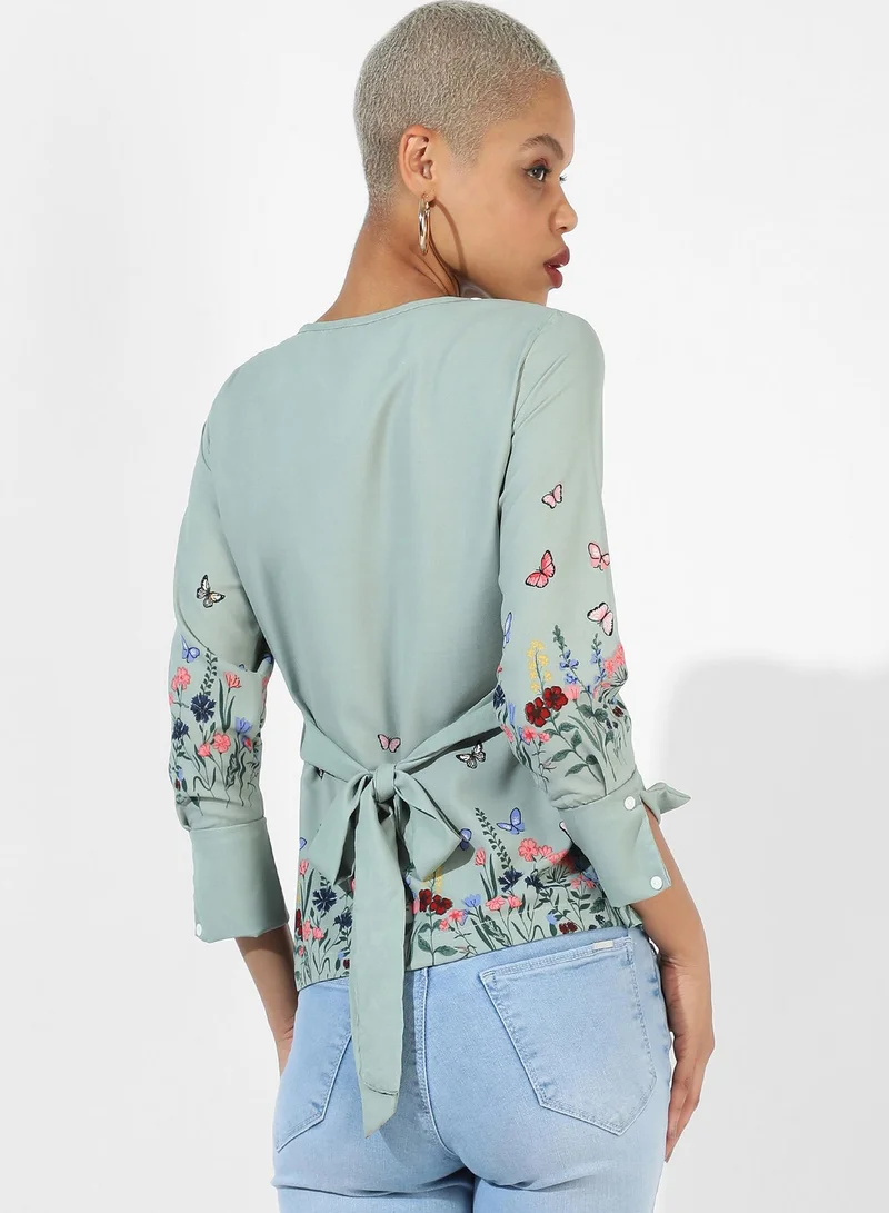 Pinacolada  Women's Sage Green Printed Regular Fit Top For Casual Wear | Crewneck | Quarter Sleeve | Top Crafted With Regular Sleeve, Comfort Fit & High-Performance For Everyday Wear for Women | Best Price UAE